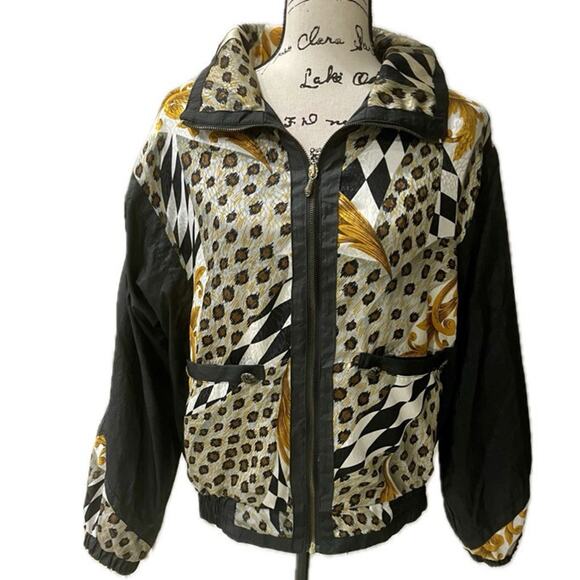 Y2K 90’s EAST WEST BOMBER JACKET LEOPARD PRINT WINDBREAKER SHOULDER PADS Sz M - Picture 1 of 16